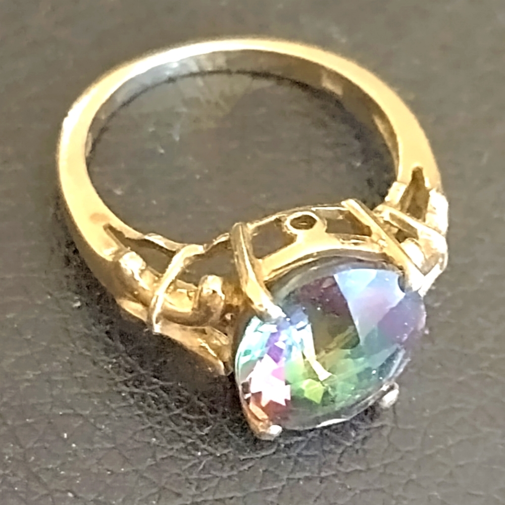 Mystic fire topaz women's ring - huge, well mounted stone in 10k gold, size 8